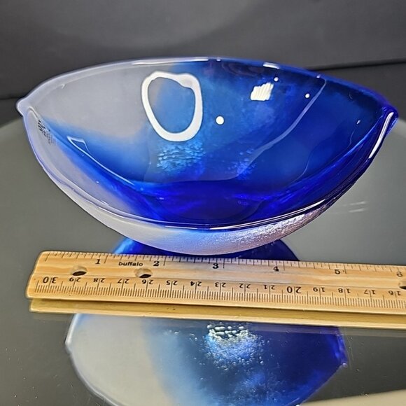 Mats Jonasson Hand Blown Glass Cobalt Blue White Dish Bowl Signed Nautical Ship - Picture 11 of 15